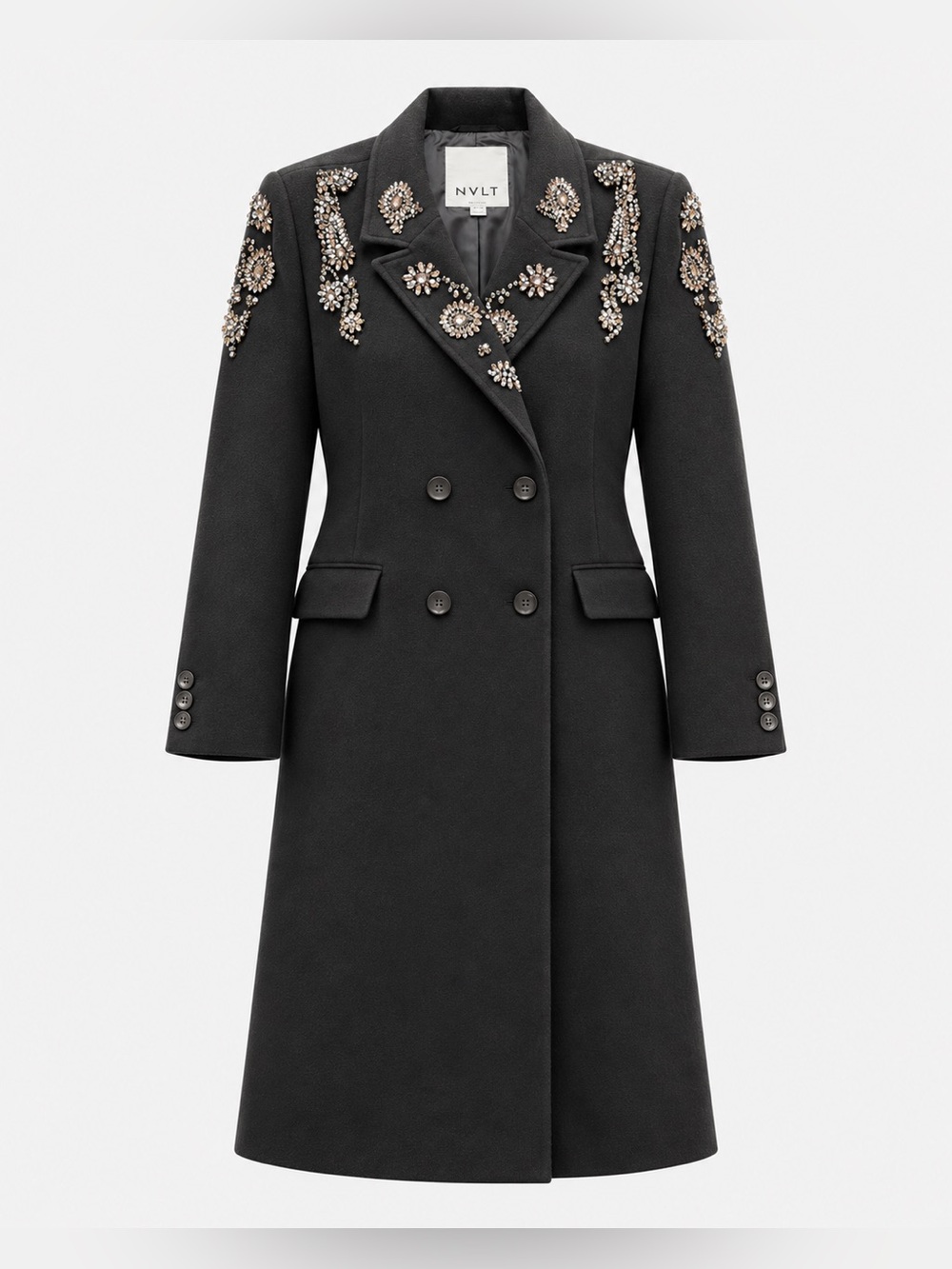 NVLT Black Embellished Studded Maxi Coat Double Breasted Size XL NWT